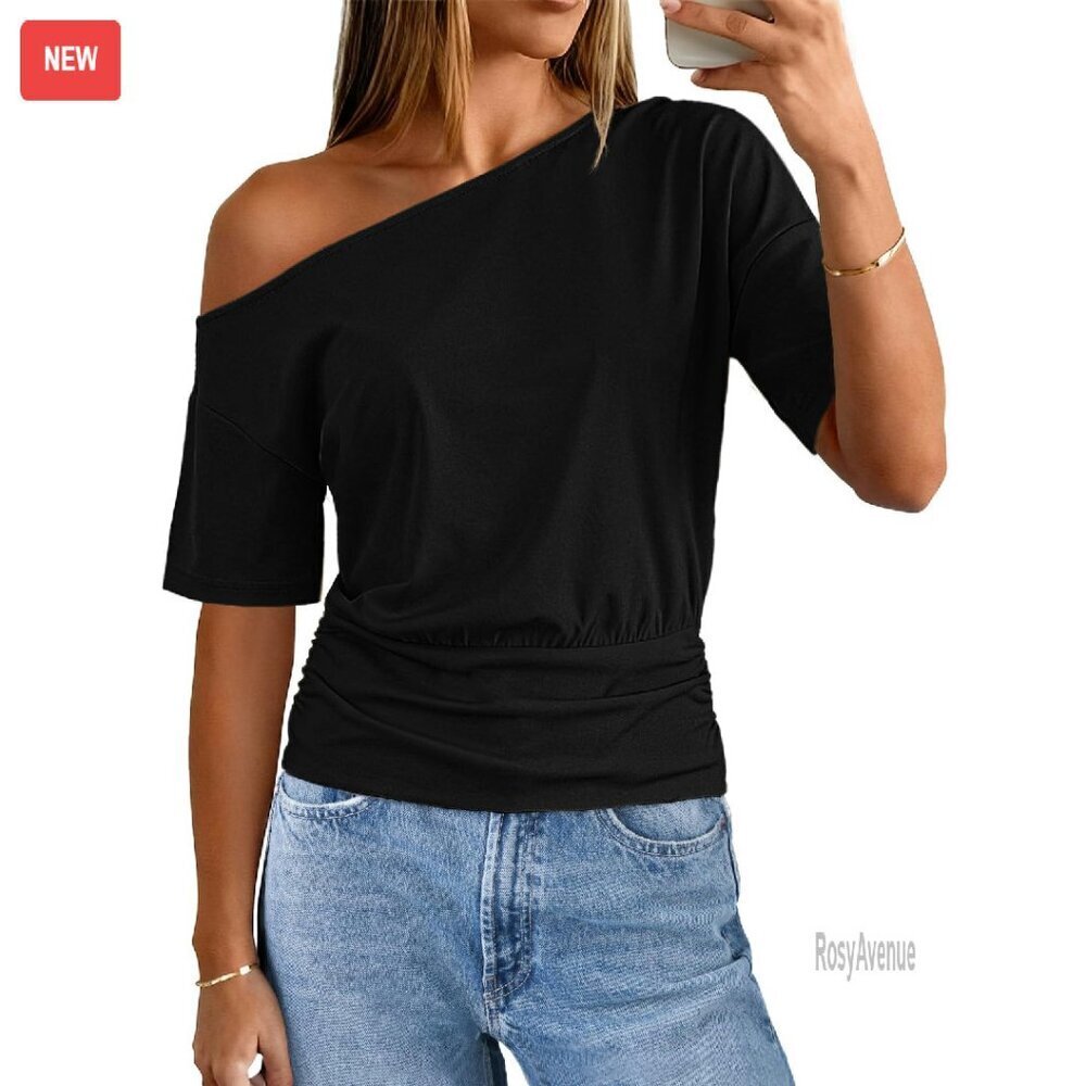 Off Shoulder Short Sleeve Top Elastic Waist Loose Fit Summer Casual